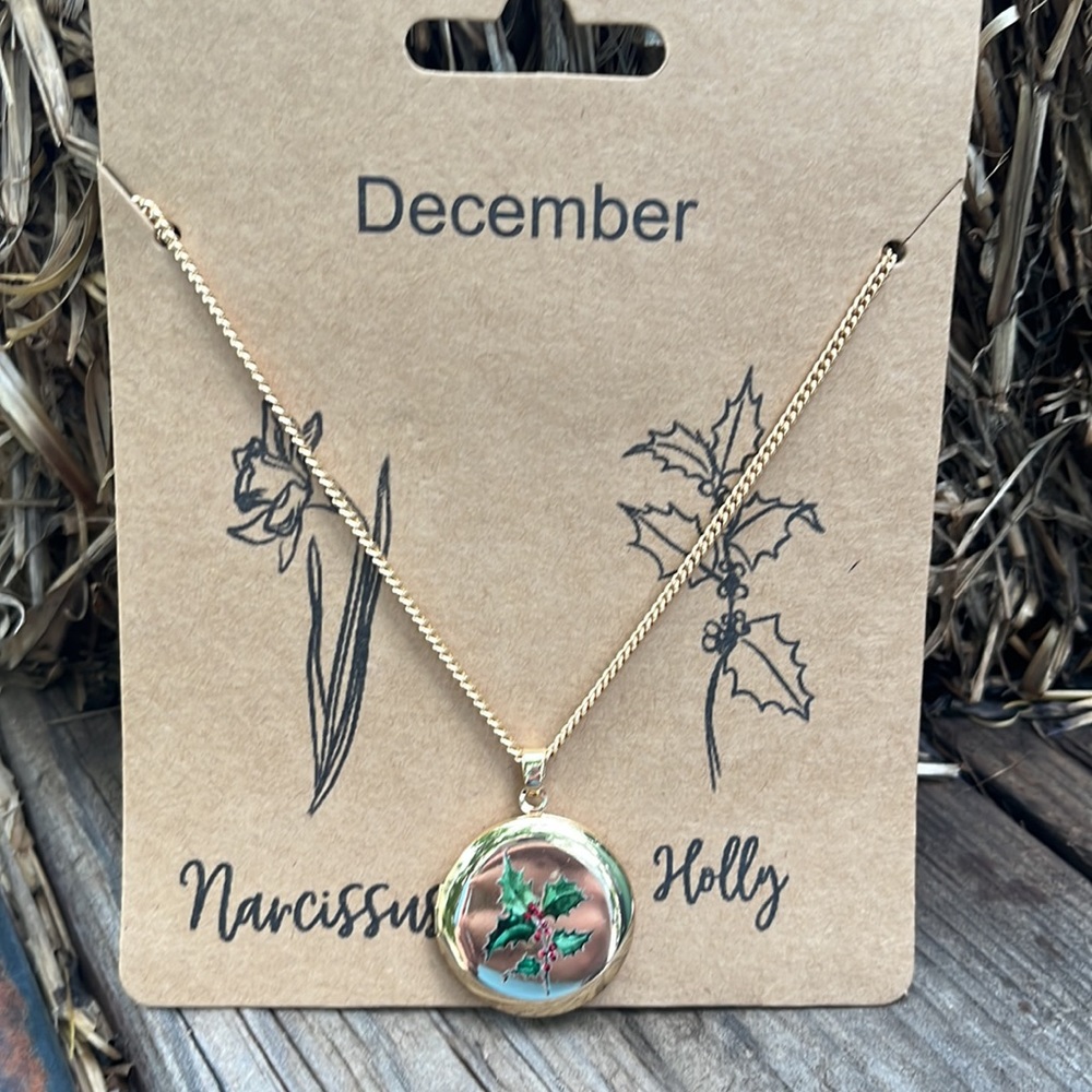 Holly Berry December Birth Flower Gold Locket Necklace